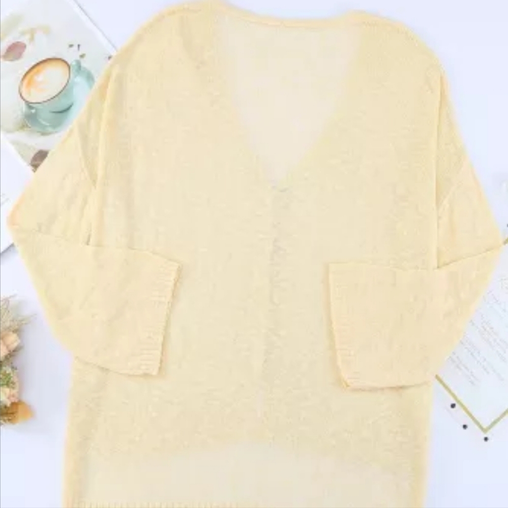 πNew Apricot Loose Lightweight V Neck Buttoned Sheer Knit Cardigan - Picture 10 of 17